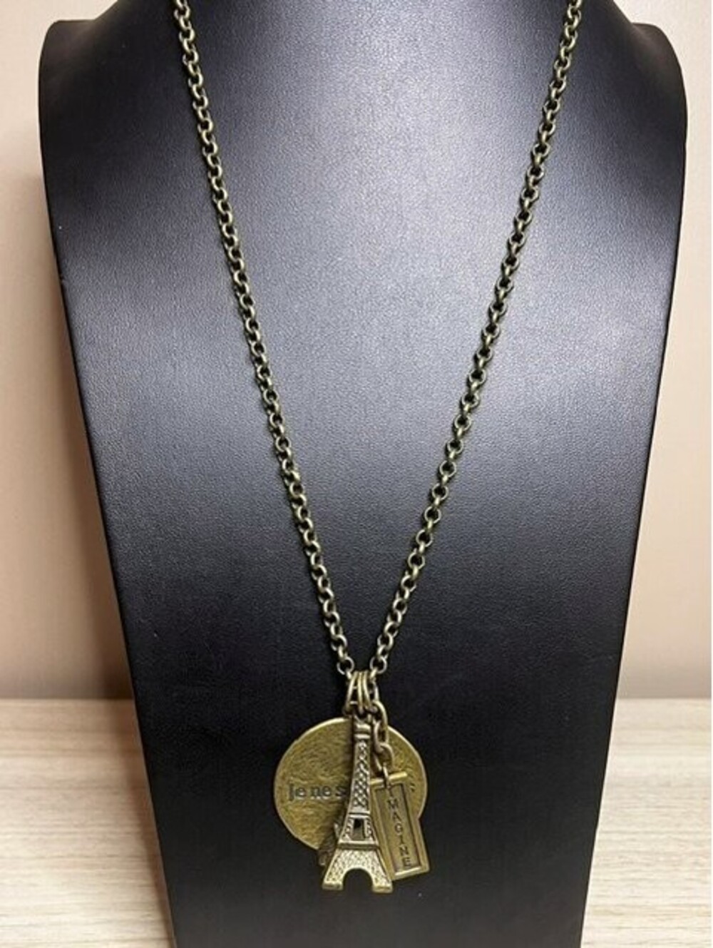 B6664 Mudpie Eiffel Tower French Quote Pendant Necklace Antique Gold Tone 32"